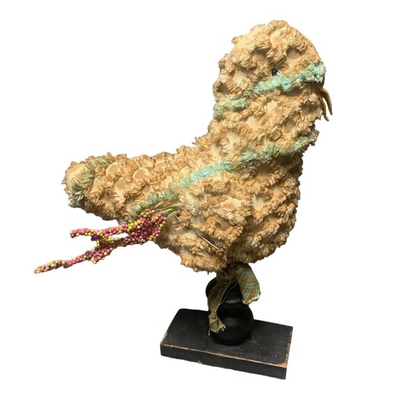 Vintage Handmade Shabby Chic Bird Figurine with Fabric Textures Wooden Stand - Picture 1 of 16